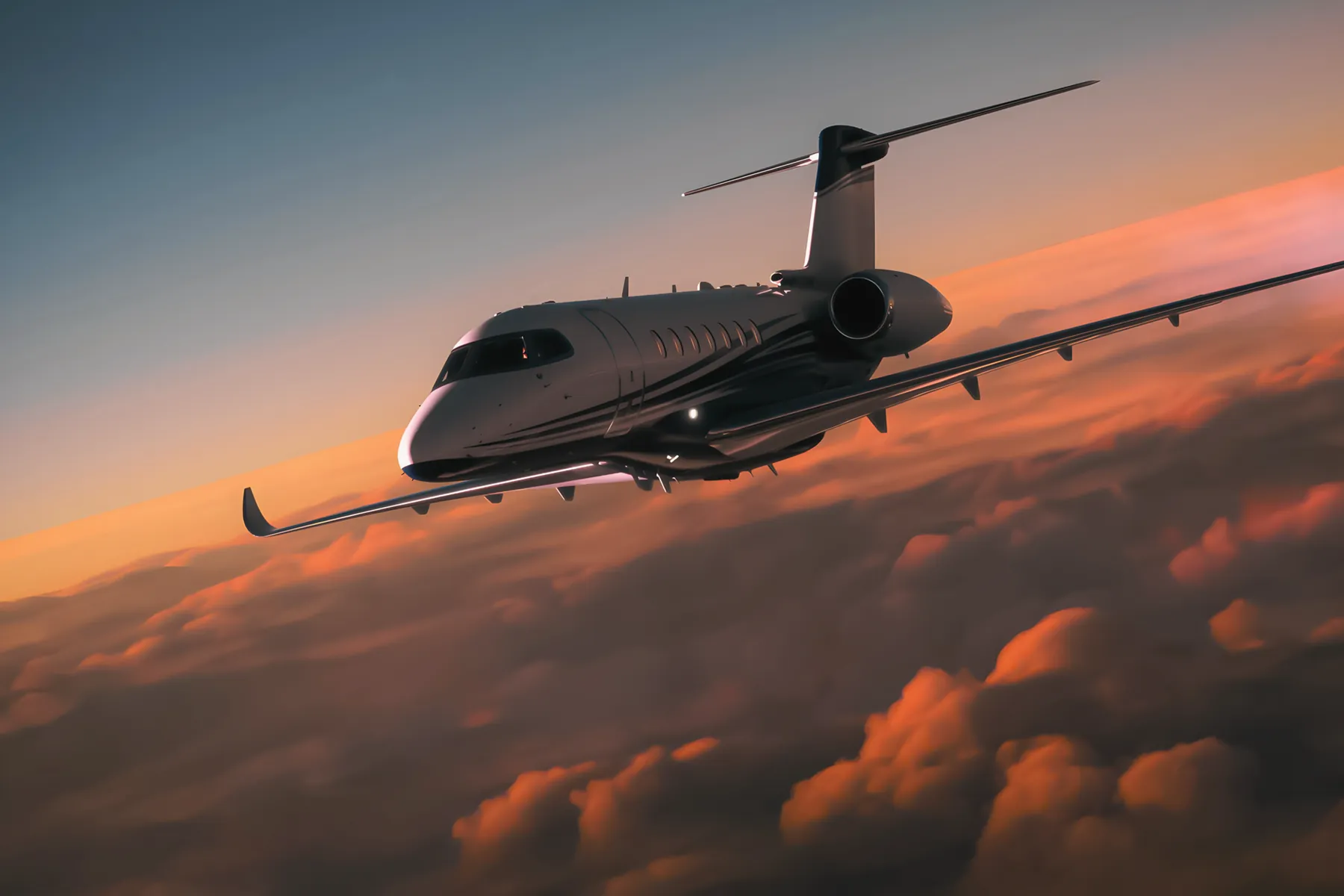 A private jet in level flight above a bank of sunset cloud